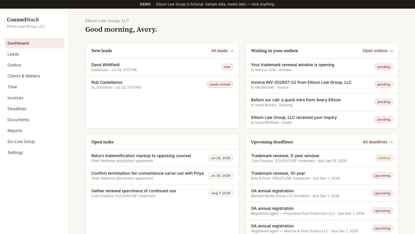 Counsel Stack demo, practice dashboard