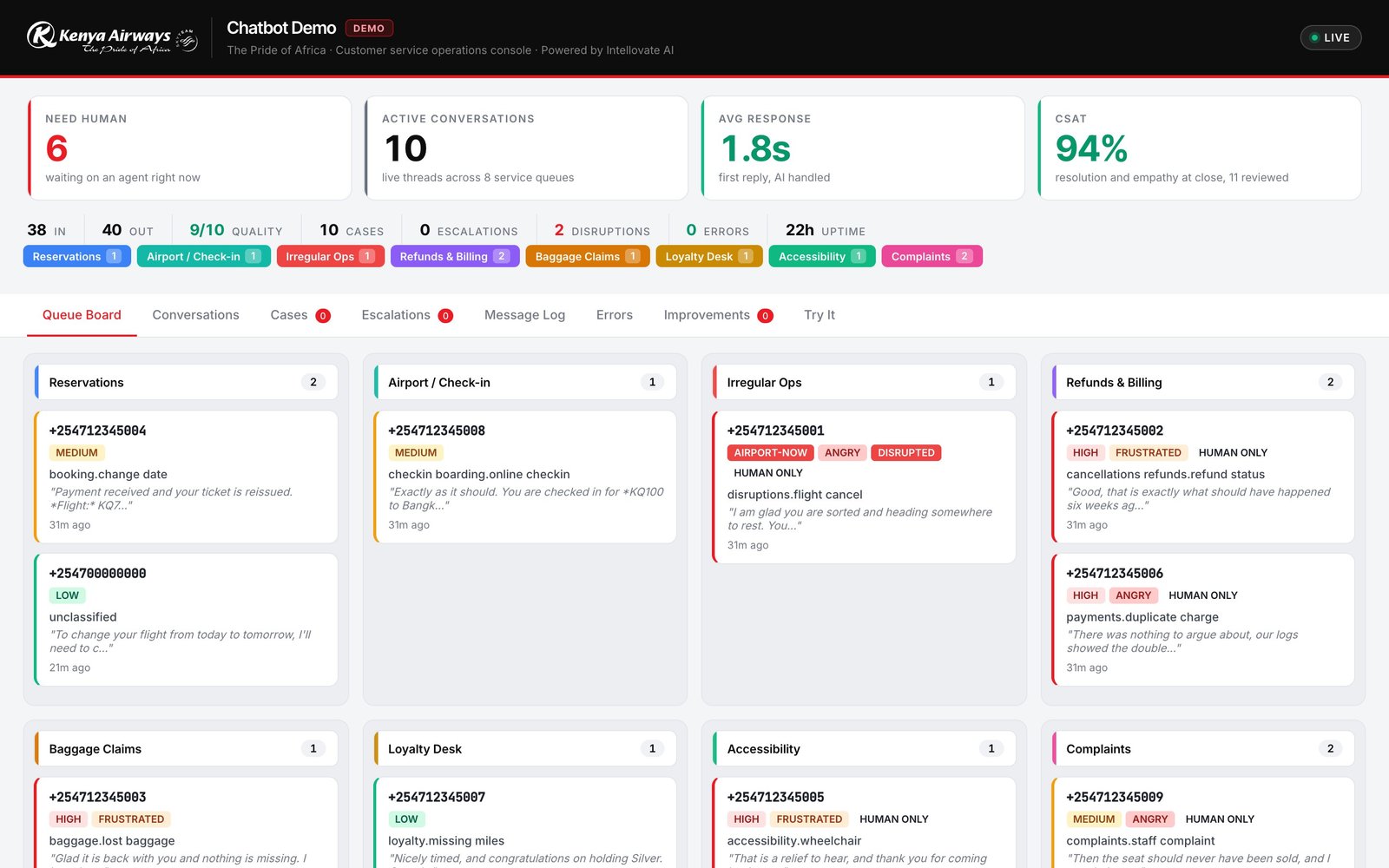 Airline customer-service AI agent operations console